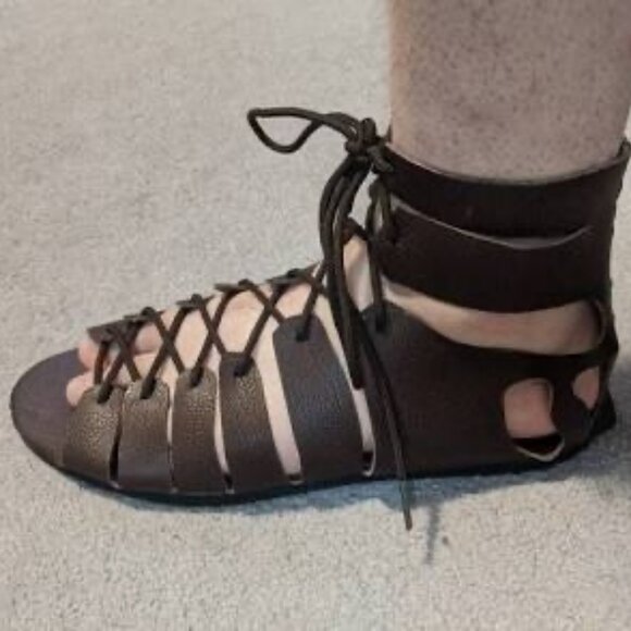 Unbranded Size 10 Men\'s Black Leather Gladiator Sandals Lace-up Roman Style
